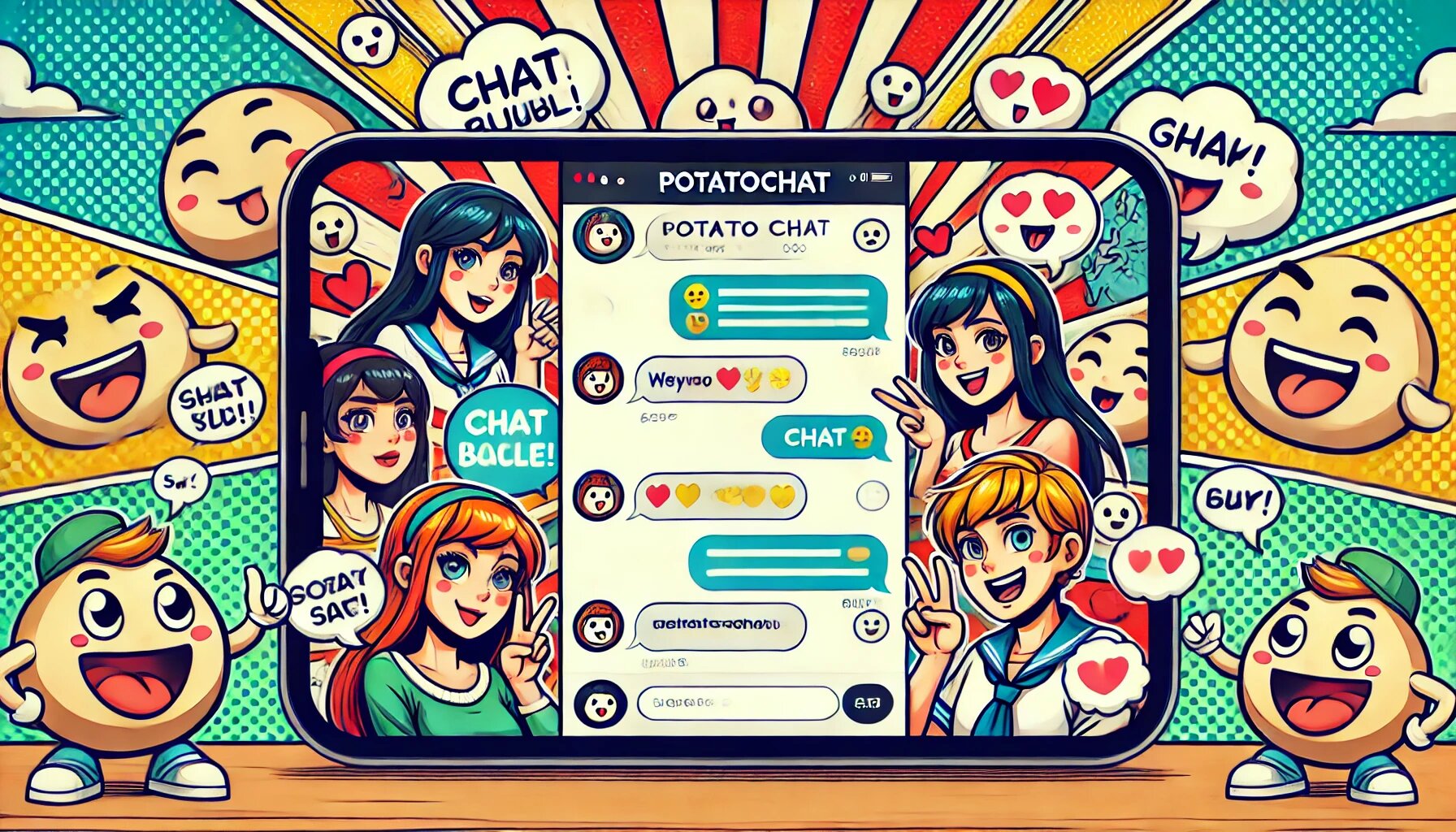DALL·E 2025-03-03 17.51.18 - A comic-style illustration of a fun and friendly chat interface of a social media app named PotatoChat. The screen should display chat bubbles, smiley_proc.jpg