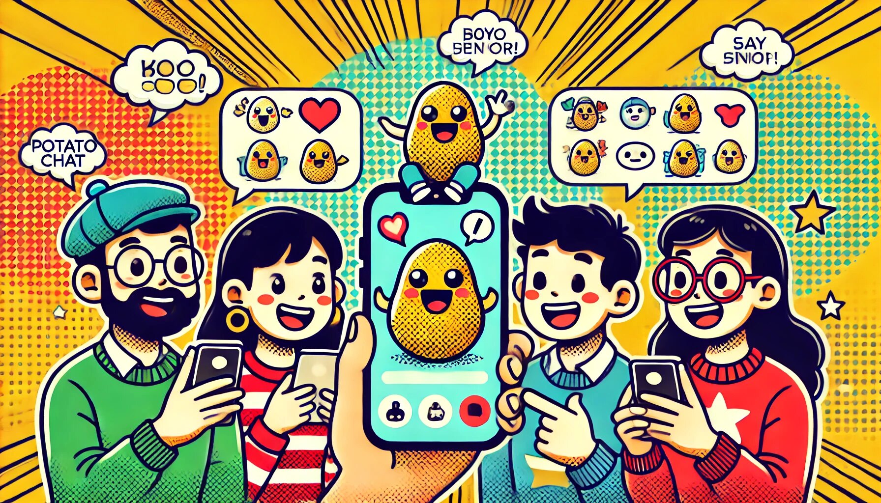 DALL·E 2025-03-03 17.51.24 - A comic-style illustration of a group of friends using the PotatoChat app on their phones. The characters are cartoonish, having fun and interacting w_proc.jpg