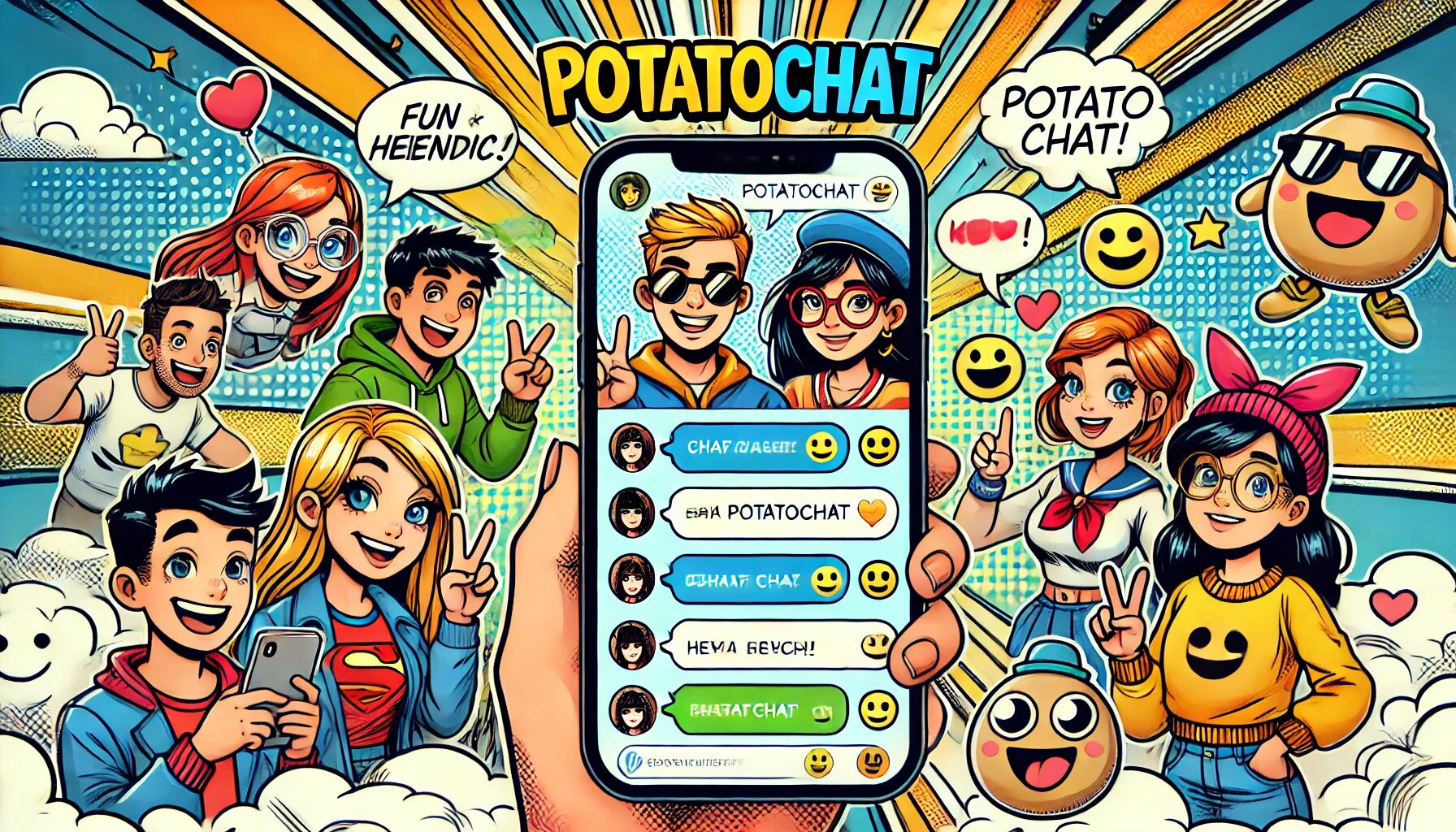 DALL·E 2025-03-04 18.01.05 - A comic-style illustration of a fun and friendly chat interface of the social media app PotatoChat. The screen should display chat bubbles, smiley fac_proc.jpg