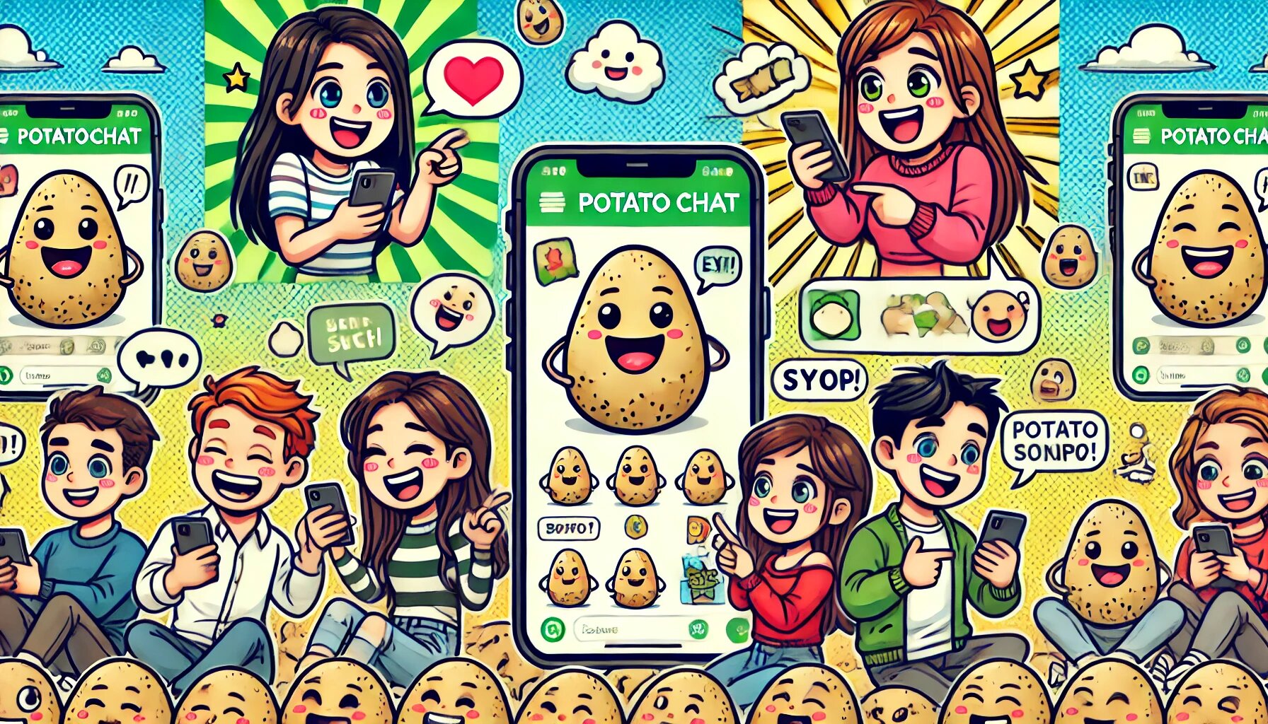DALL·E 2025-03-04 18.01.09 - A comic-style illustration of a group of friends using the PotatoChat app on their phones. The characters are cartoonish, having fun and interacting w_proc.jpg